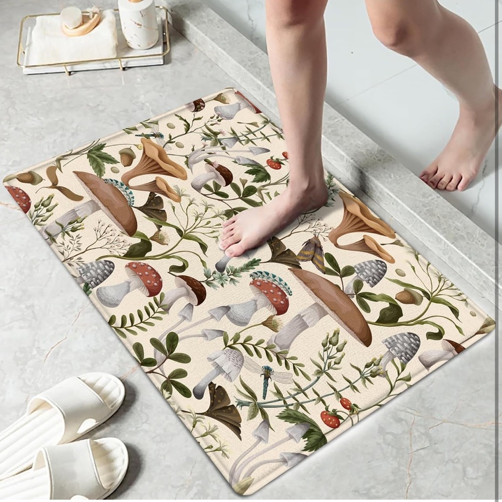Botanical Mushroom Bath Mat - Neutral Forest Print, Memory Foam, NWOT - Picture 3 of 9